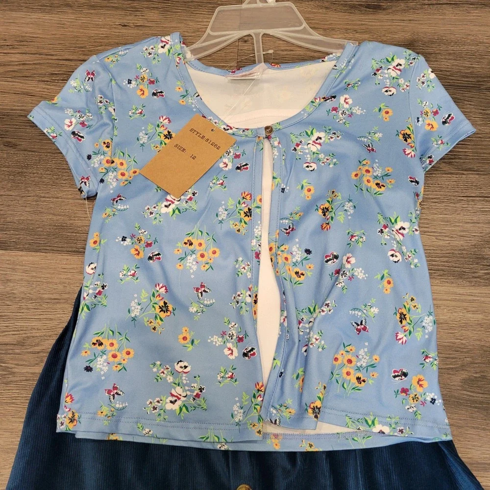 NWT Rmla Girls‎ Outfit Set Floral Top Corduroy Skirt Blue Cute Size 12